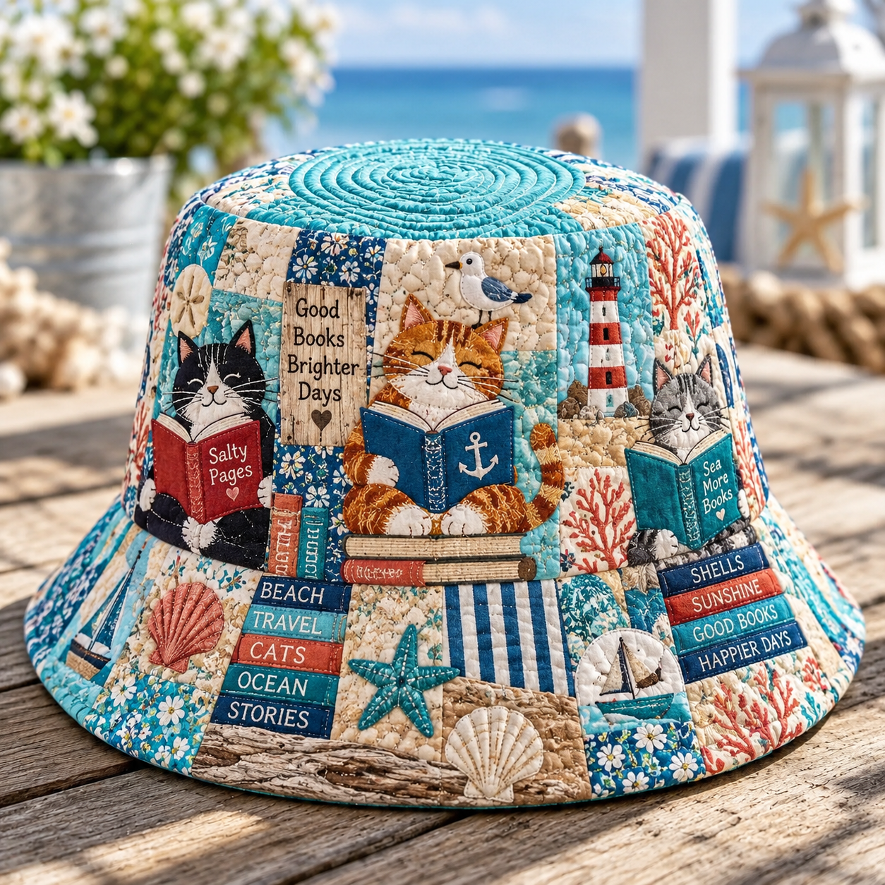 Coastal Cat Reading Retreat Quilted Fishing Hat