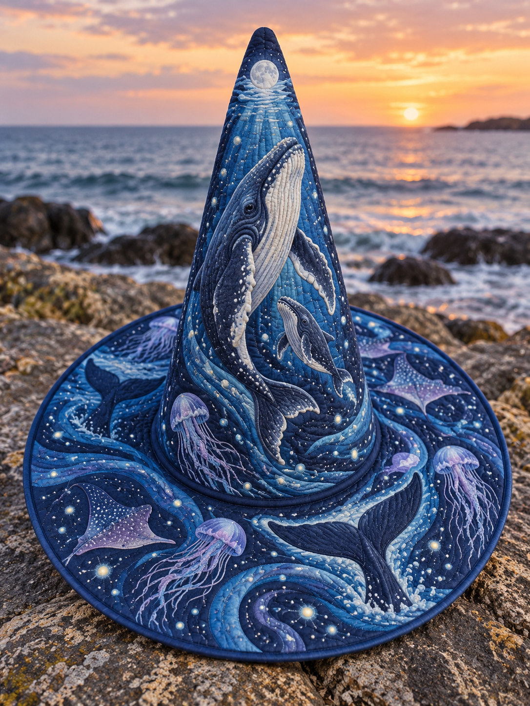 Moonlit Whale Ocean Quilted Witch Hat