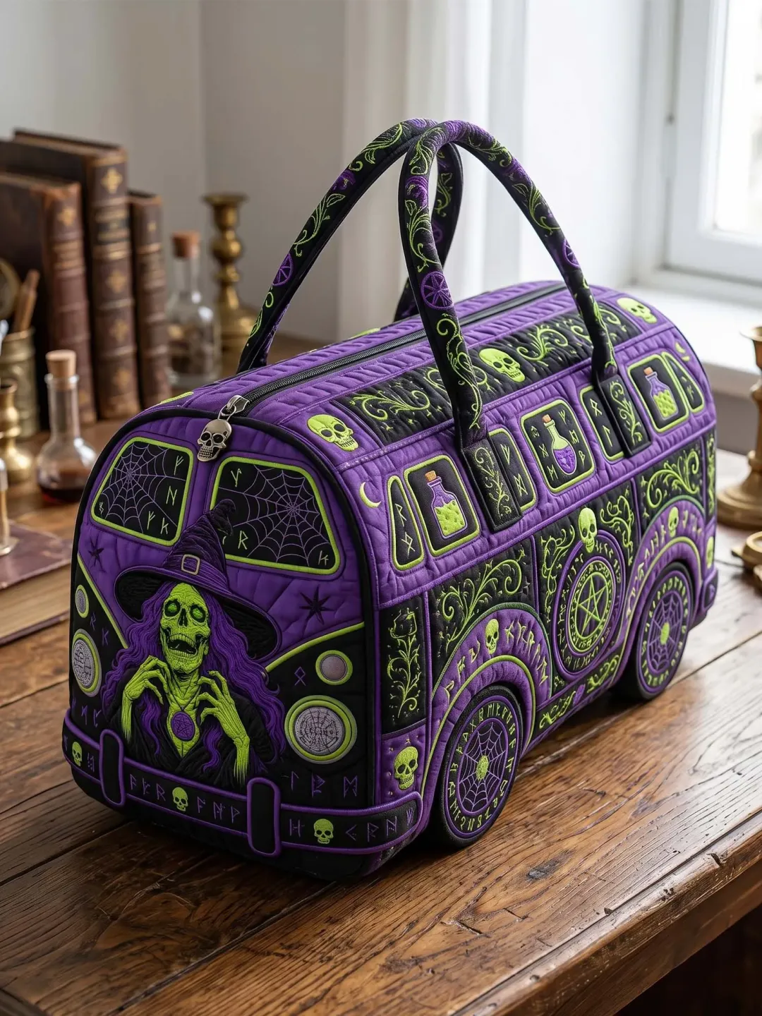 Witch Skull Magic Bus Quilted Duffle Bag