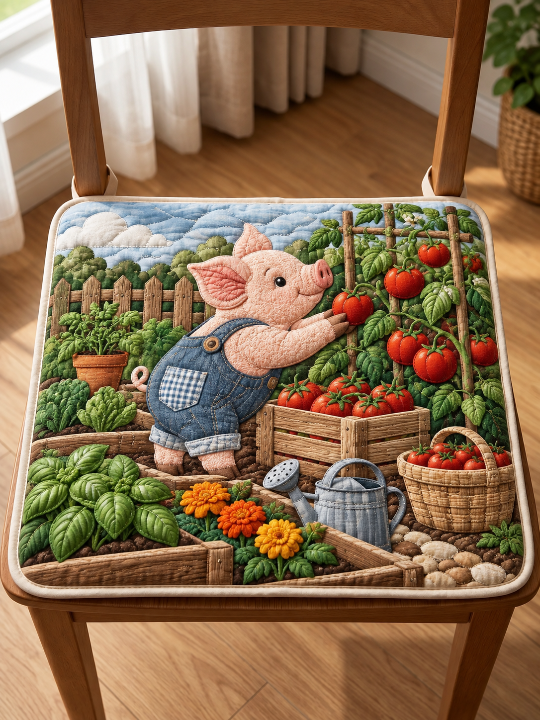Piglet Tomato Harvest Quilted Chair Cushion