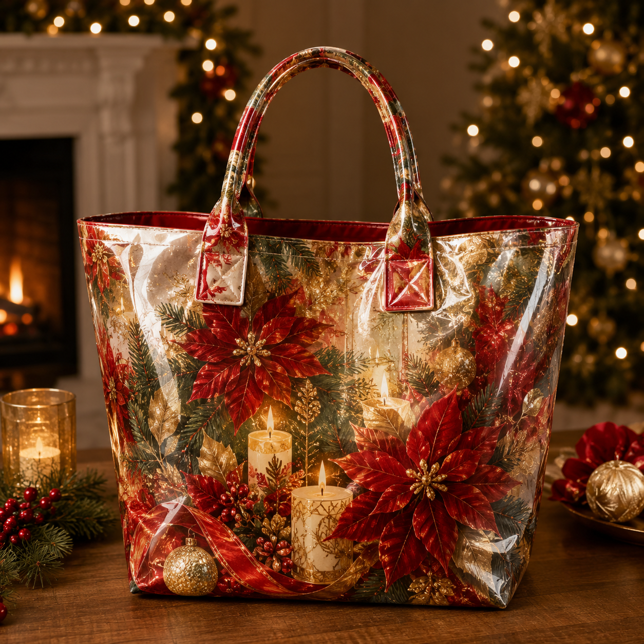 Poinsettia Candle Christmas PVC Tote Bag
