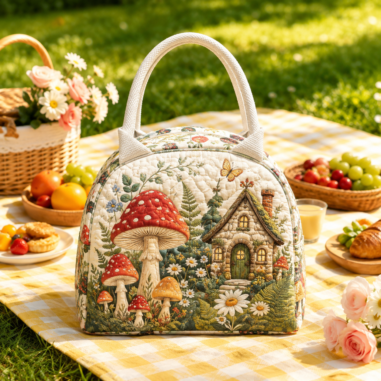 Mushroom Cottage Garden Quilted Lunch Bag