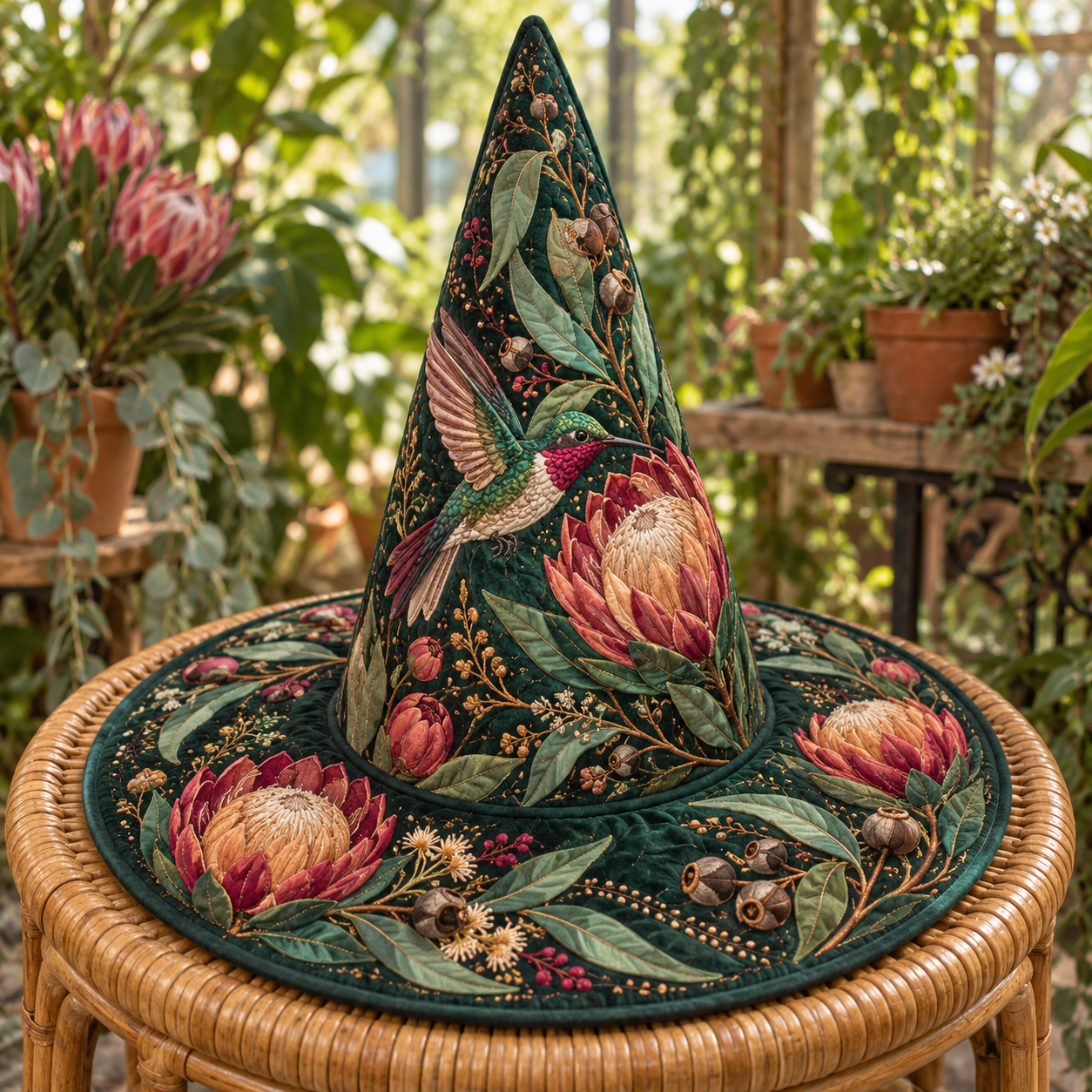 Midnight Protea Bloom Quilted Witch Hat