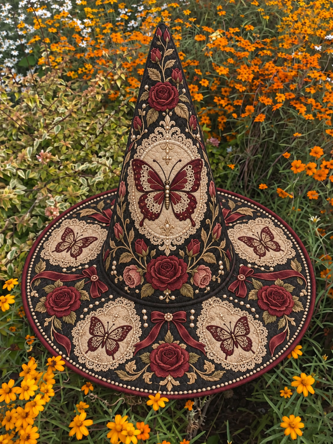 Vintage Moth Rose Medallion Quilted Witch Hat