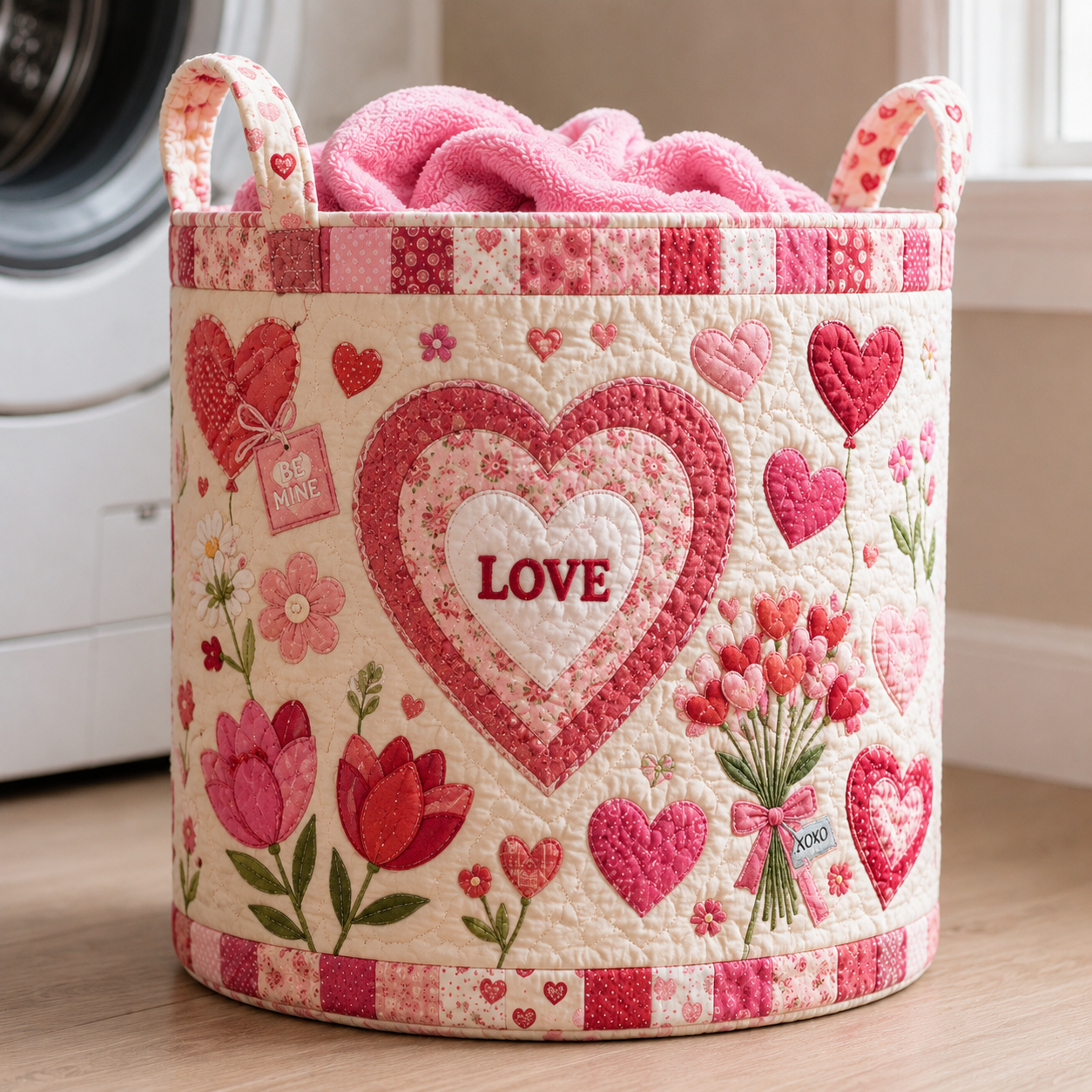 Romantic Heart Flower Quilted Laundry Basket