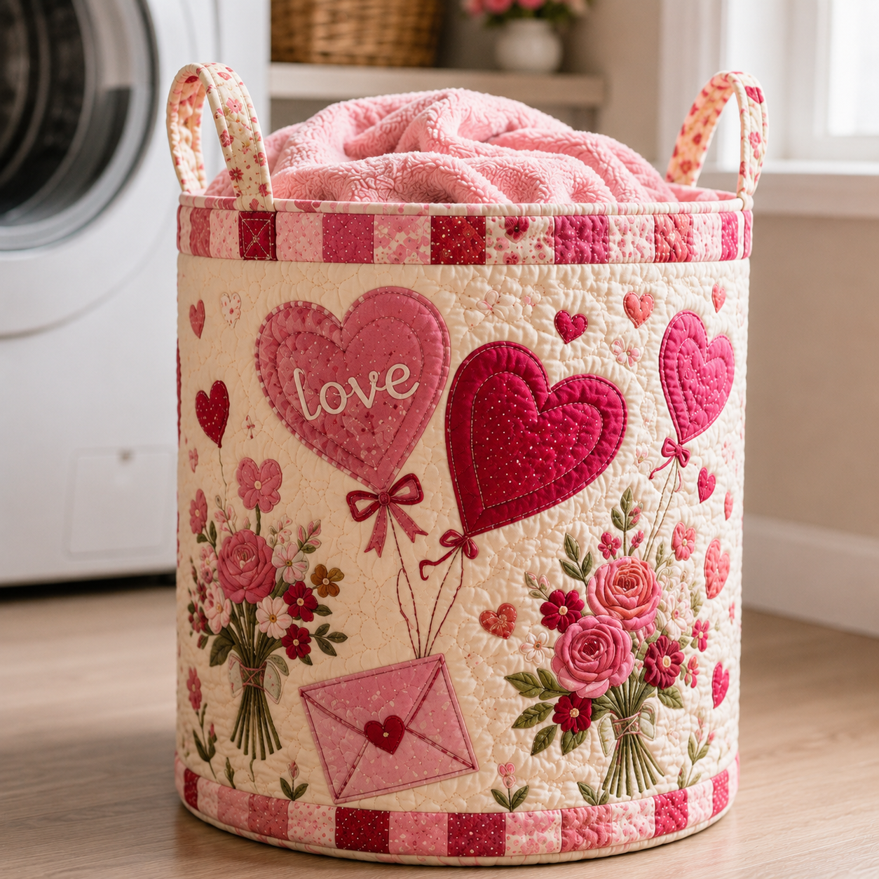 Romantic Heart Balloon Floral Quilted Laundry Basket