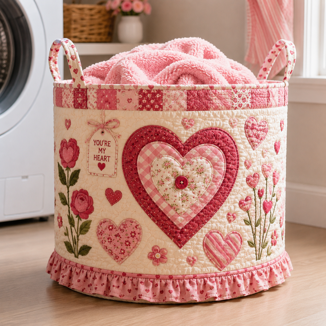 You're My Heart Ruffled Floral Quilted Laundry Basket