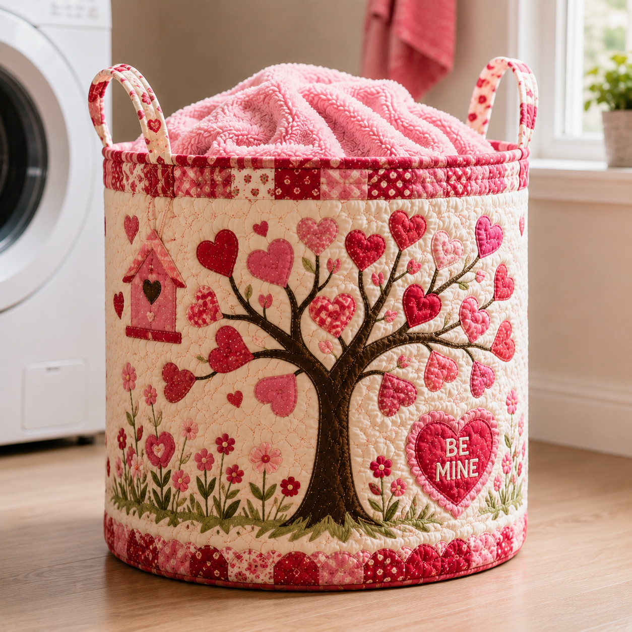 Valentine Heart Tree Patchwork Quilted Laundry Basket