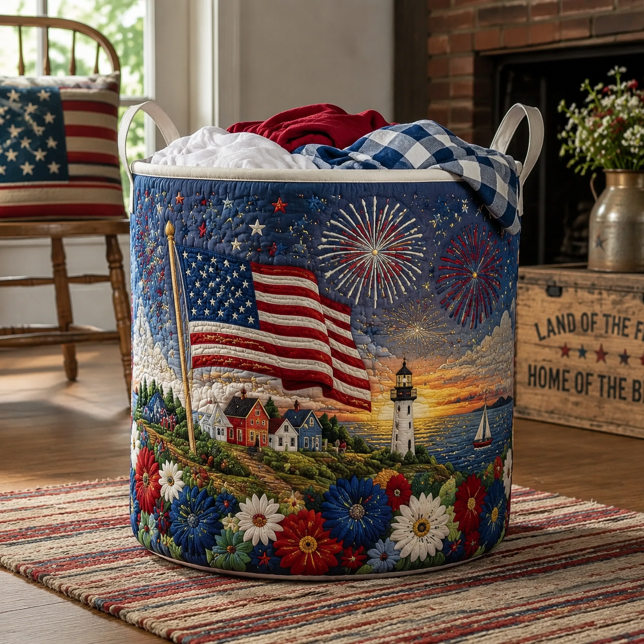 Coastal Lighthouse Sunset American Flag Quilted Laundry Basket