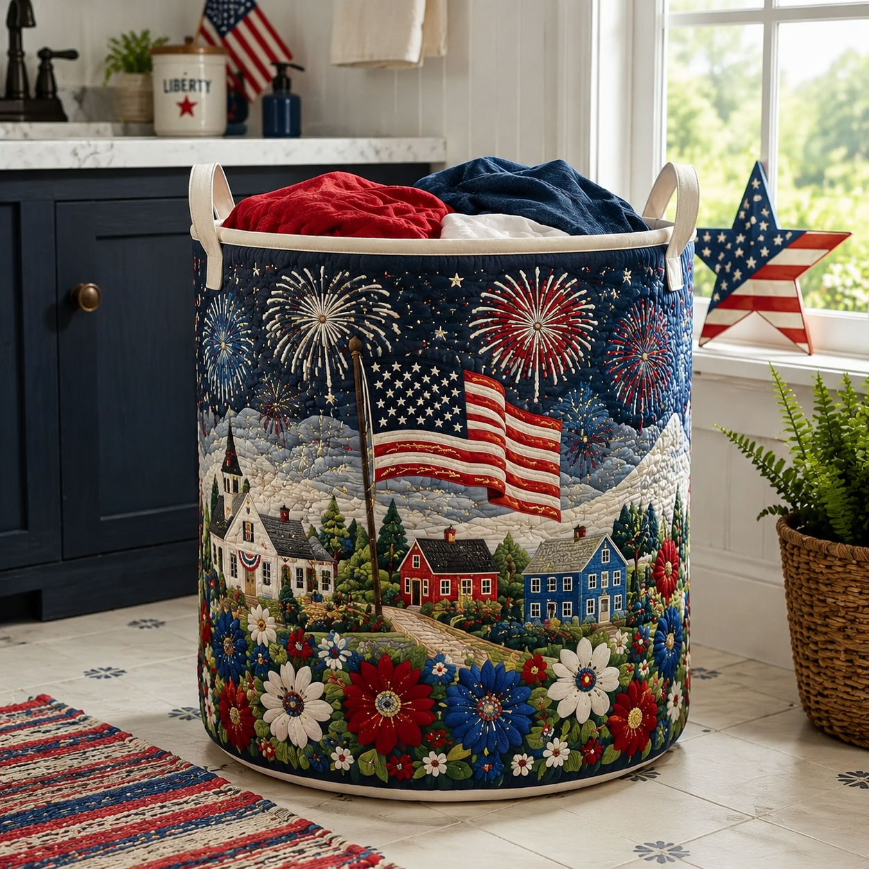 Mountain Village American Flag Patchwork Quilted Laundry Basket