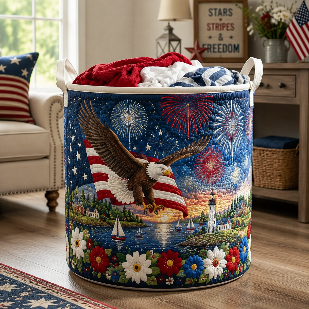 4th of July Patriotic Patchwork Quilted Laundry Basket