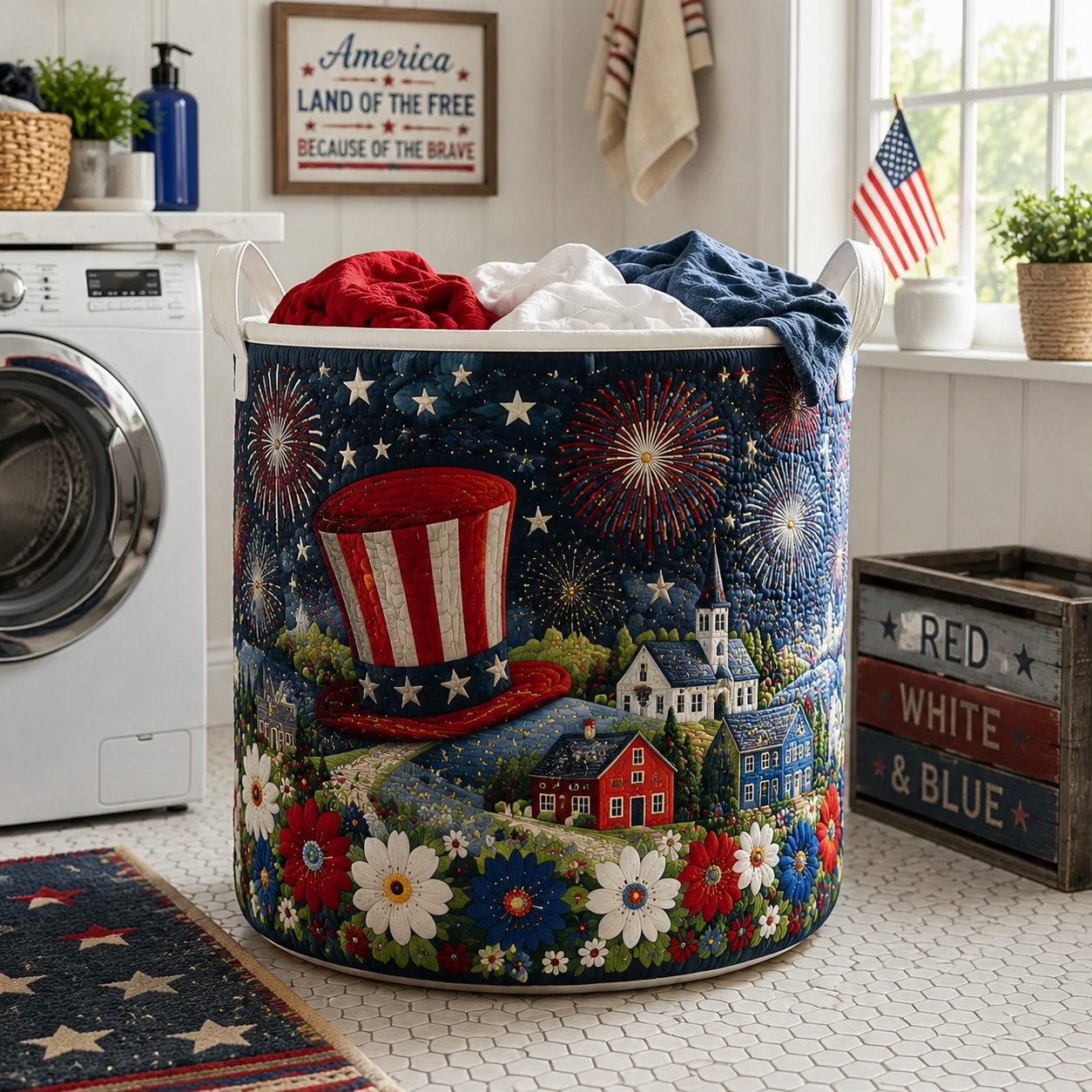Vintage American 4th of July Quilted Laundry Basket