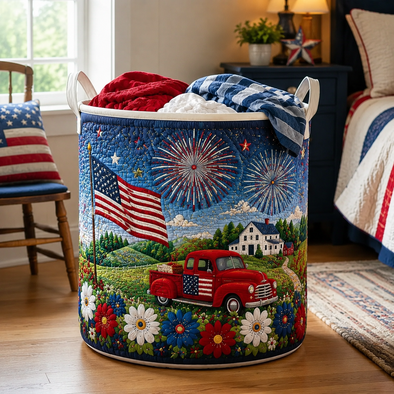 Vintage Red Pickup Truck Farm Patriotic Quilted Laundry Basket