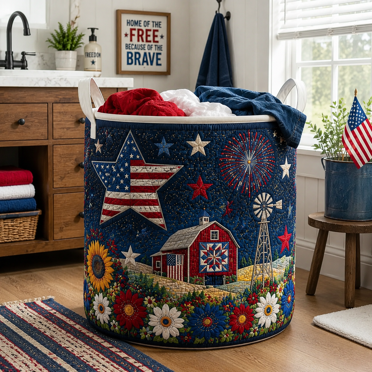 Rustic Red Barn Windmill Star Patchwork Quilted Laundry Basket