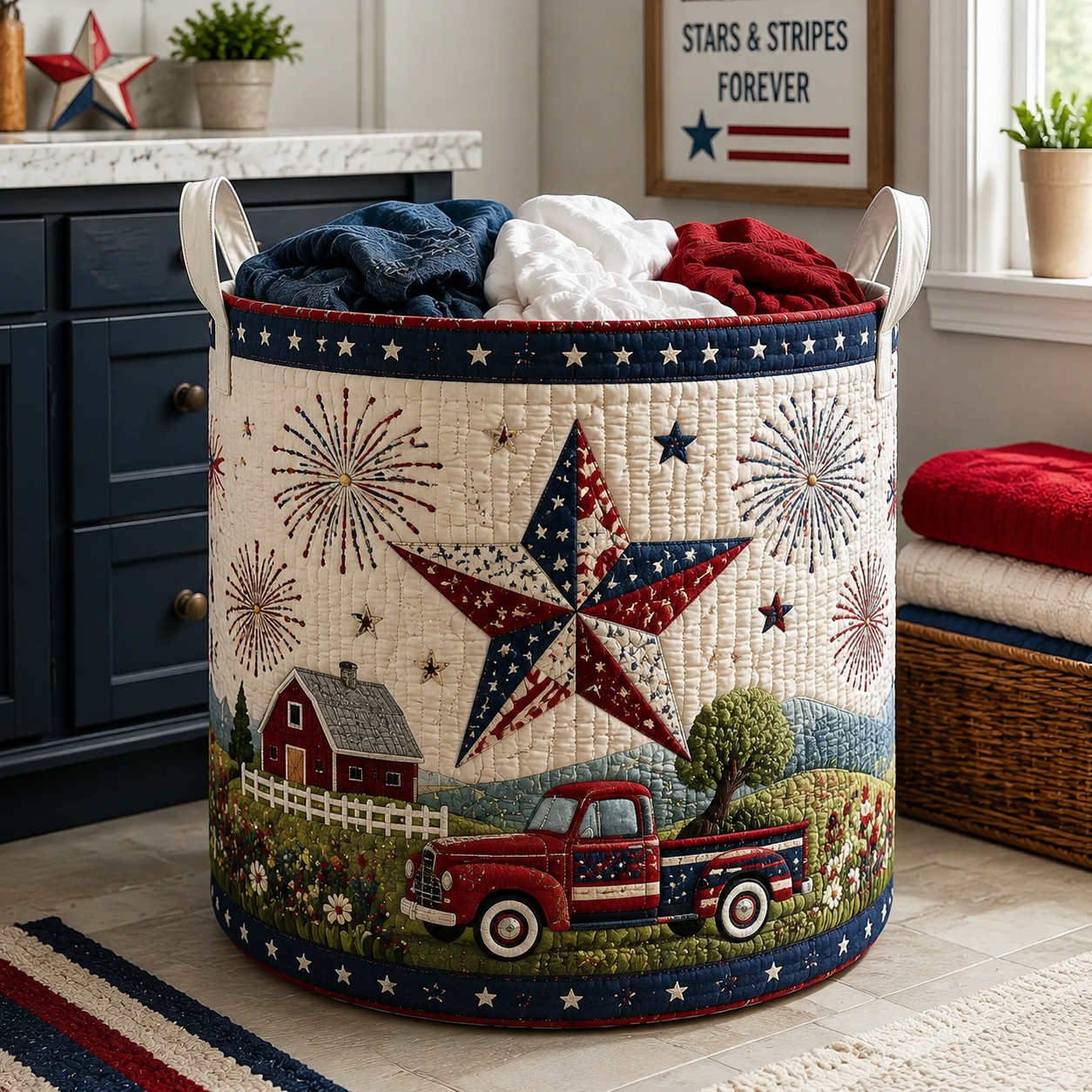 Patriotic Farm Vintage Red Truck 4th of July Quilted Laundry Basket
