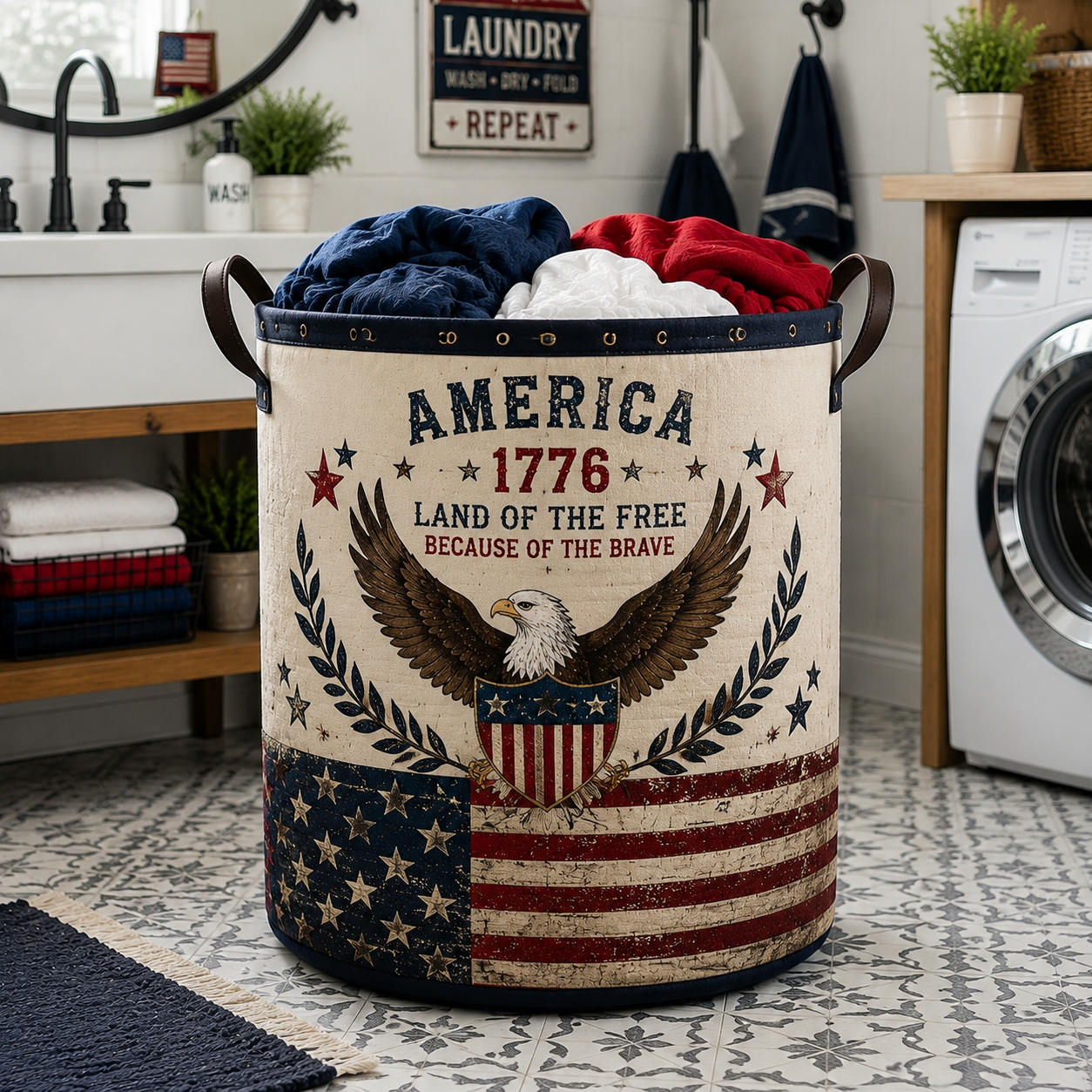 1776 Patriotic Bald Eagle Vintage American Flag Laundry Basket