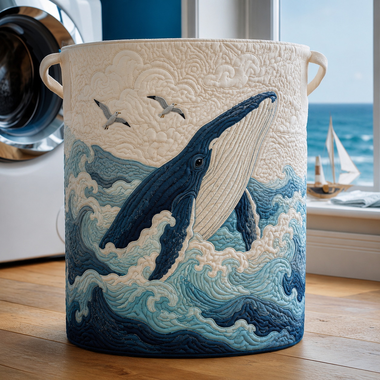 Ocean Wave Blue Whale Quilted Laundry Basket