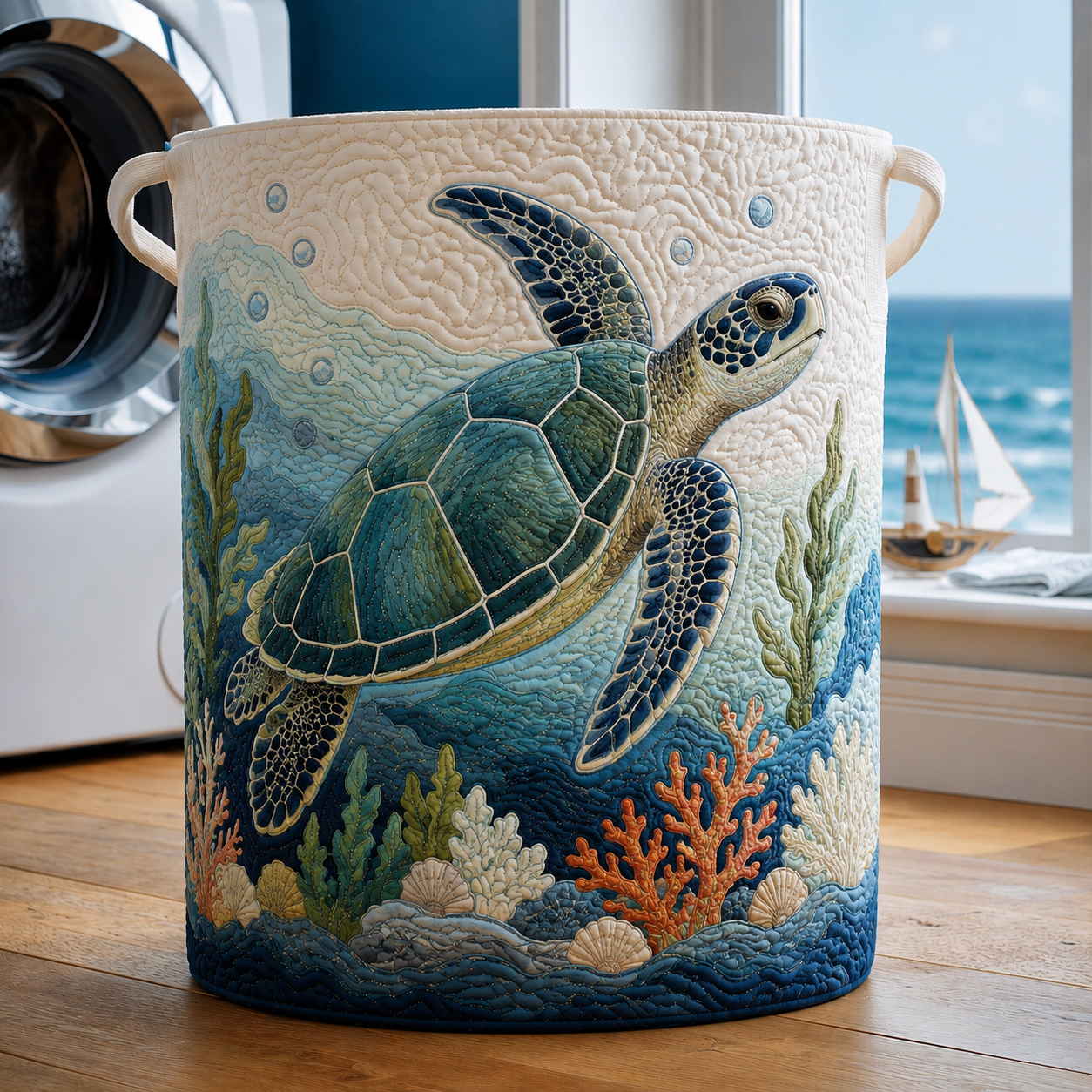 Underwater Sea Turtle Coral Quilted Laundry Basket