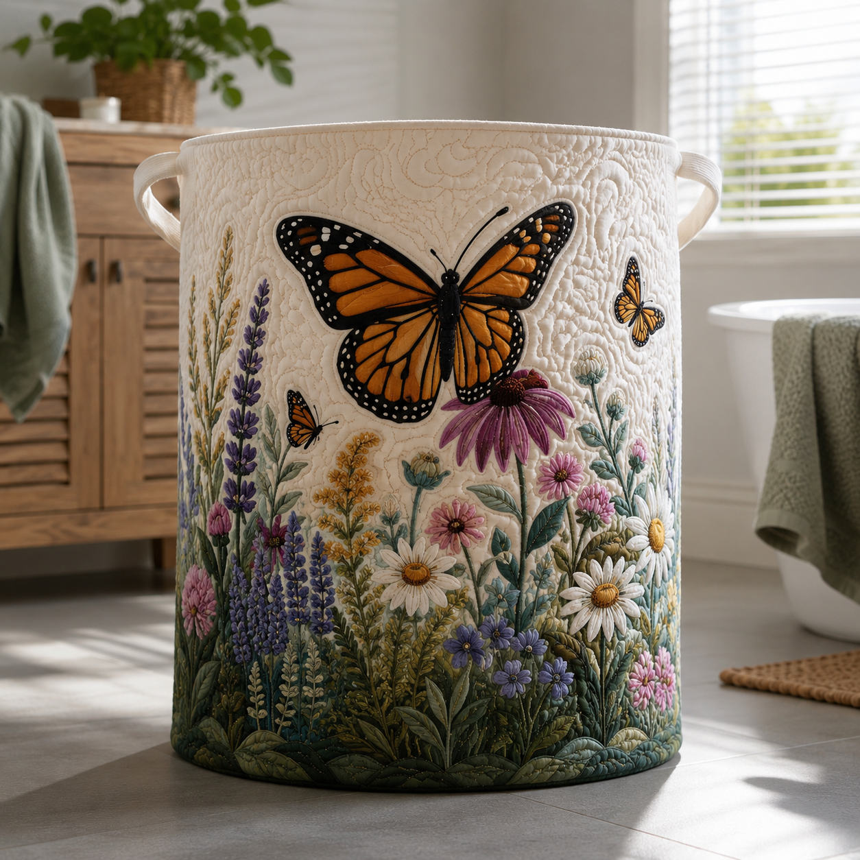 Monarch Butterfly Wildflower Quilted Laundry Basket