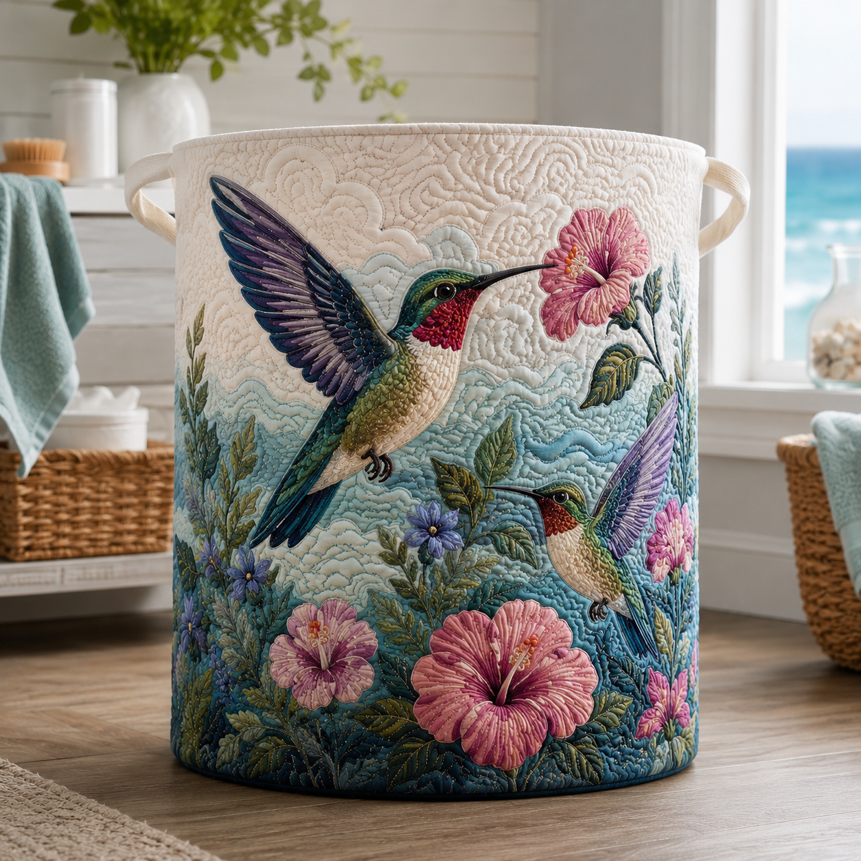 Coastal Hummingbird Hibiscus Quilted Laundry Basket