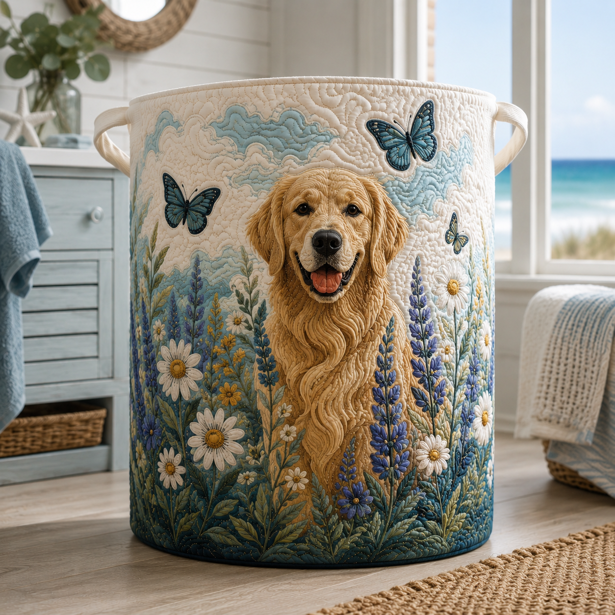 Golden Retriever Wildflower Butterfly Quilted Laundry Basket
