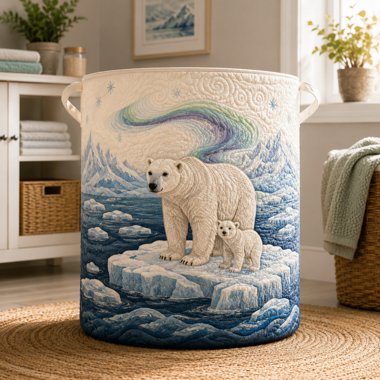 Polar Bear Aurora Quilted Laundry Basket