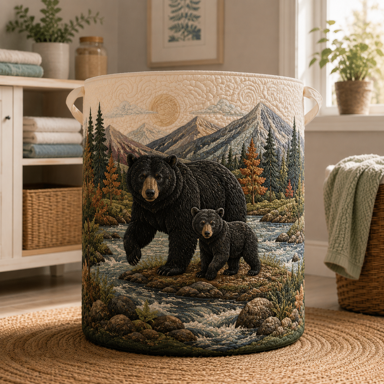 Black Bear Mountain Forest Quilted Laundry Basket