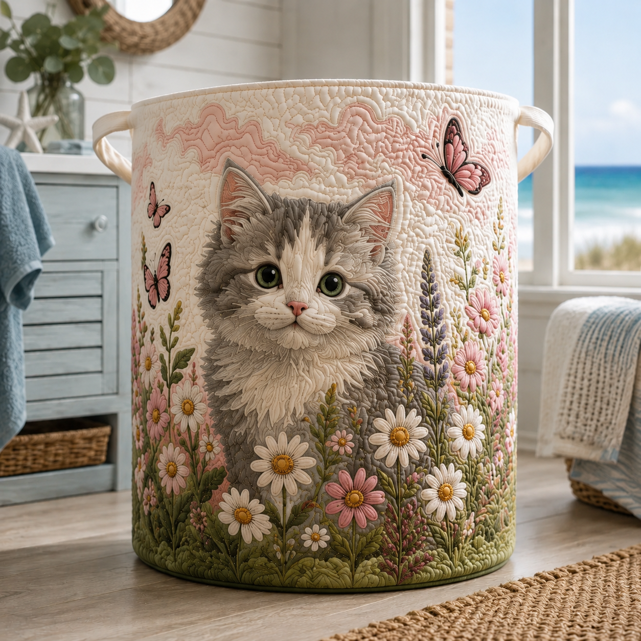 Cute Cat Wildflower Butterfly Quilted Laundry Basket