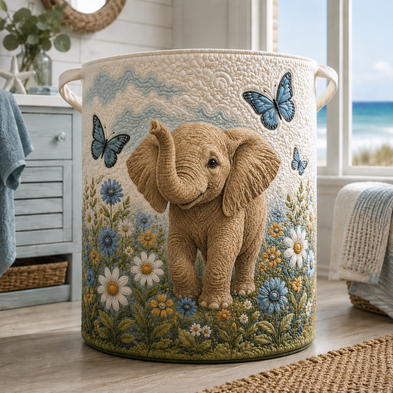 Baby Elephant Floral Butterfly Quilted Laundry Basket