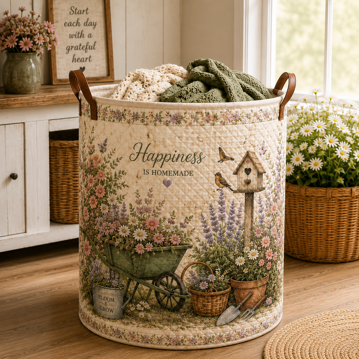 Vintage Garden Wheelbarrow Quilted Laundry Basket