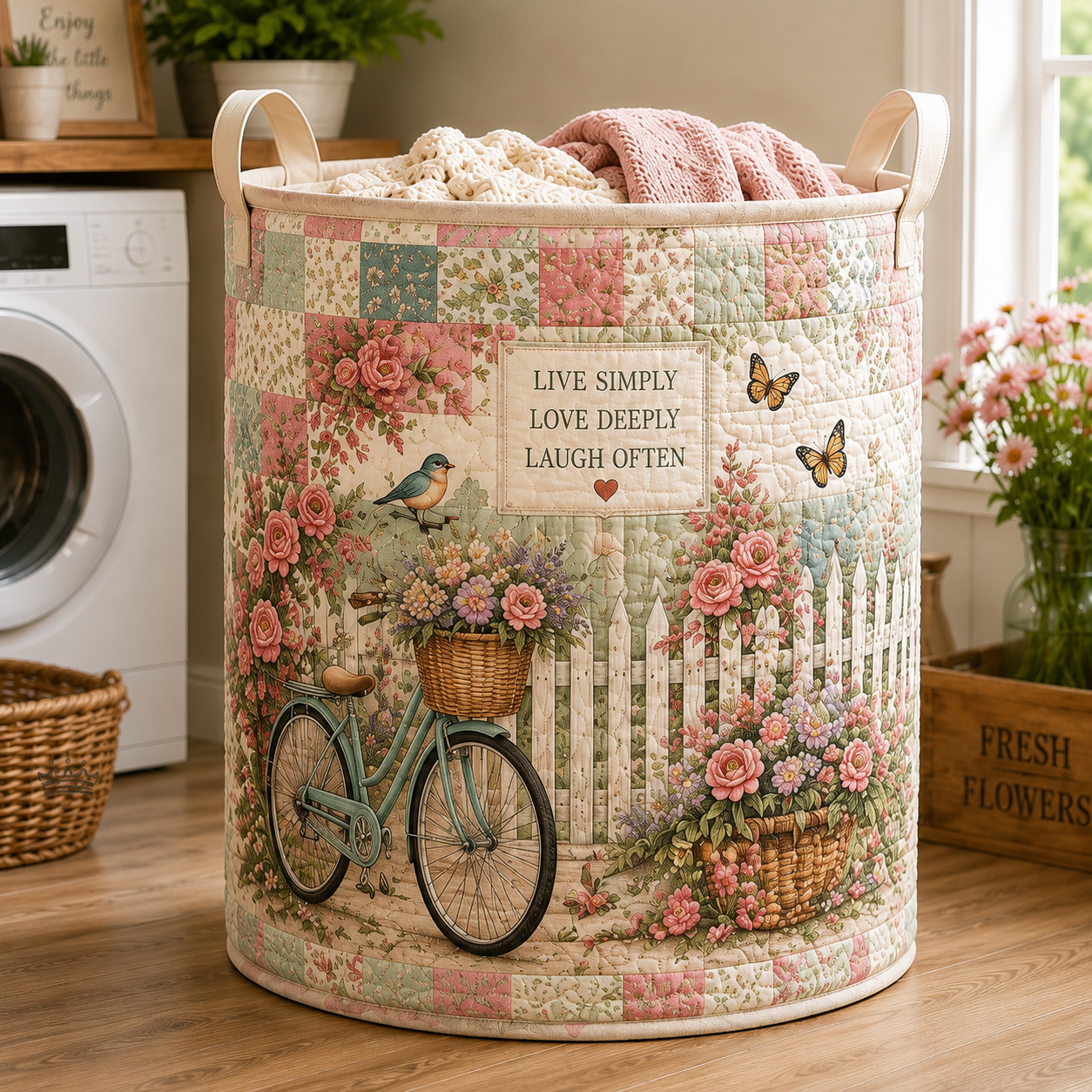 Vintage Floral Bicycle Quilted Laundry Basket