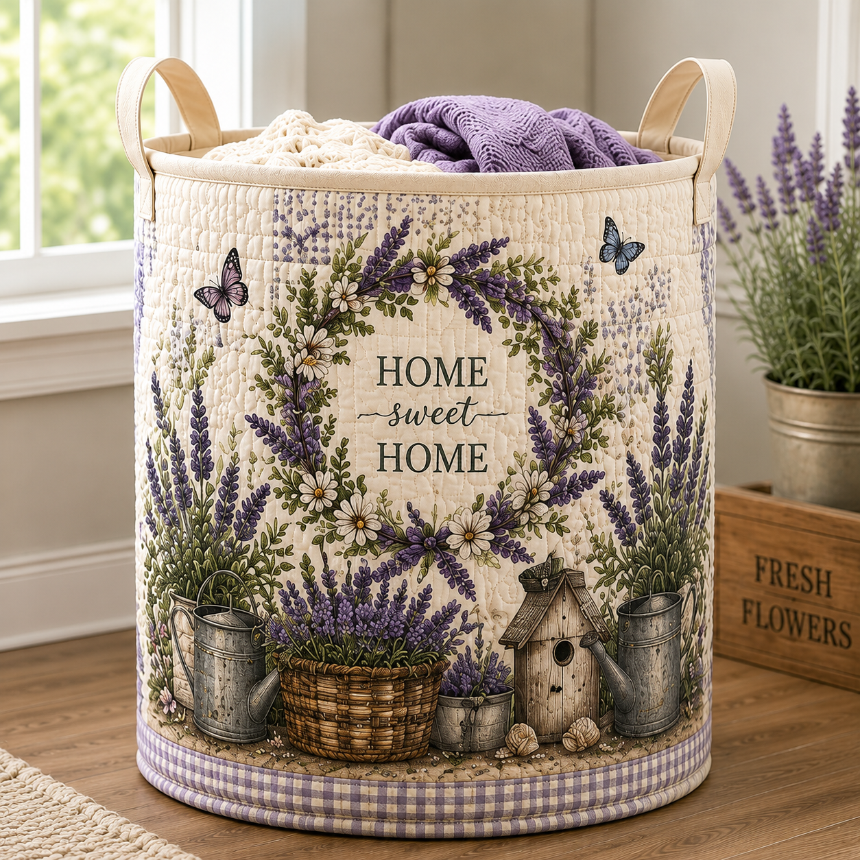 Lavender Home Sweet Home Quilted Laundry Basket
