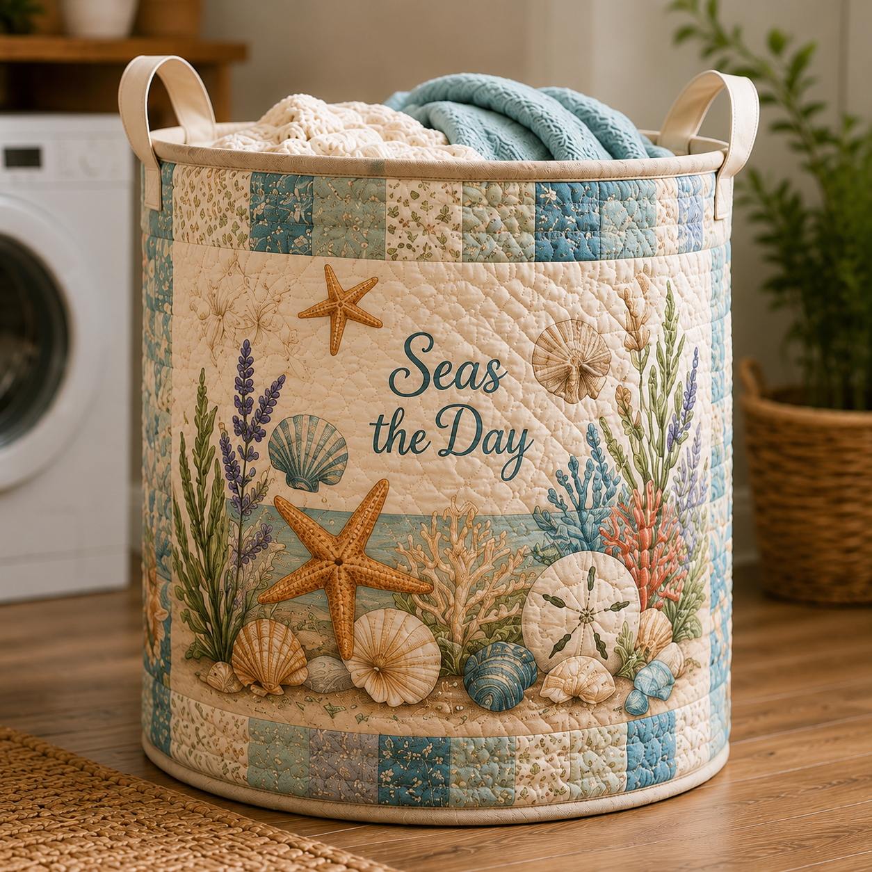 Coastal Seashell Starfish Quilted Laundry Basket