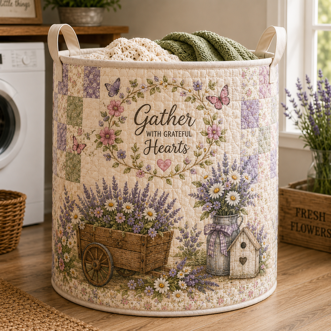 Lavender Wildflower Farm Quilted Laundry Basket