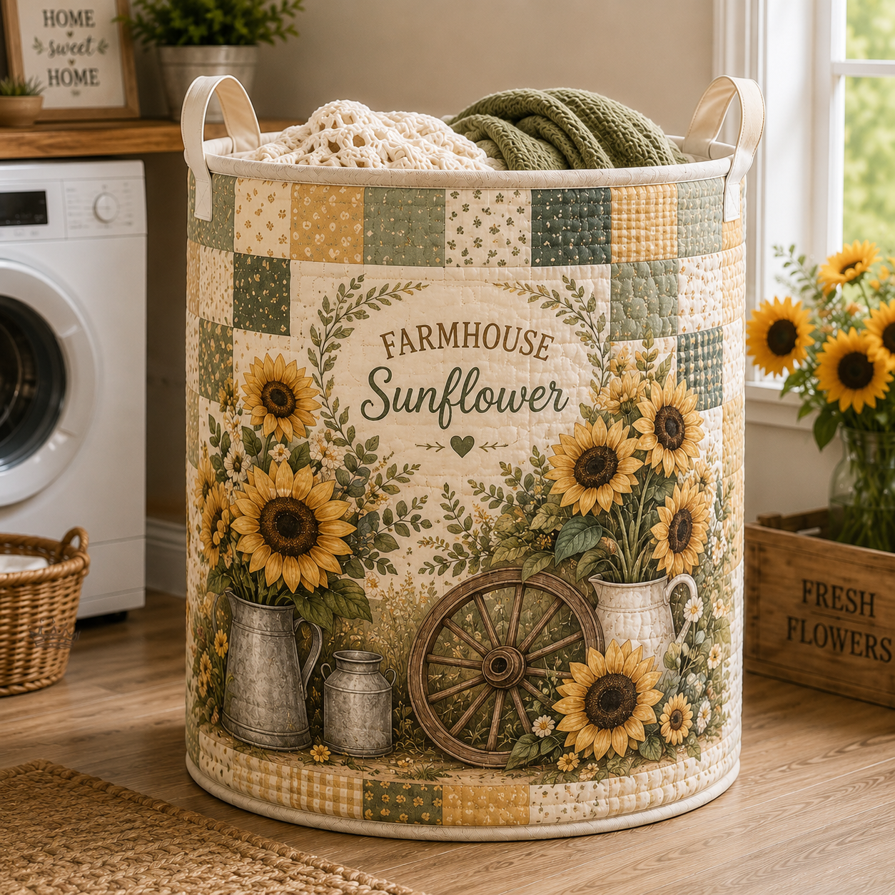 Vintage Farm Sunflower Quilted Laundry Basket