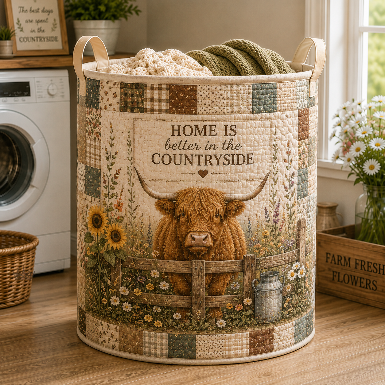 Highland Cow Farm Floral Quilted Laundry Basket