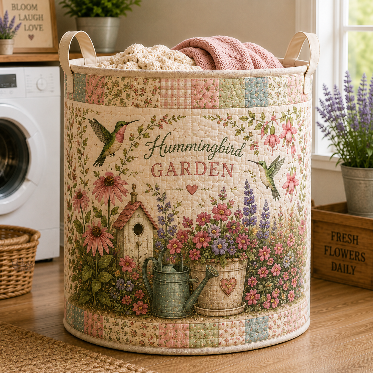 Hummingbird Garden Floral Quilted Laundry Basket