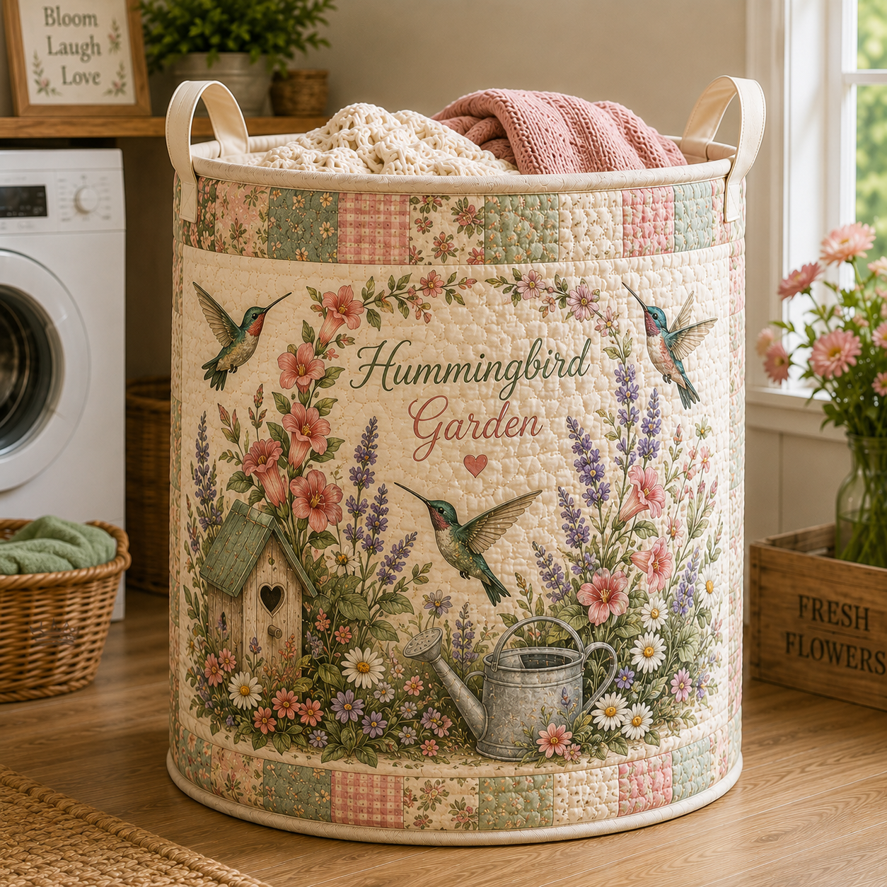 Vintage Hummingbird Garden Quilted Laundry Basket