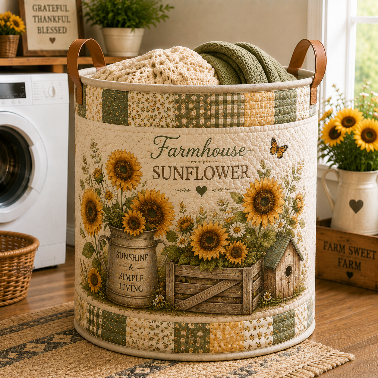 Farmhouse Sunflower Quilted Laundry Basket
