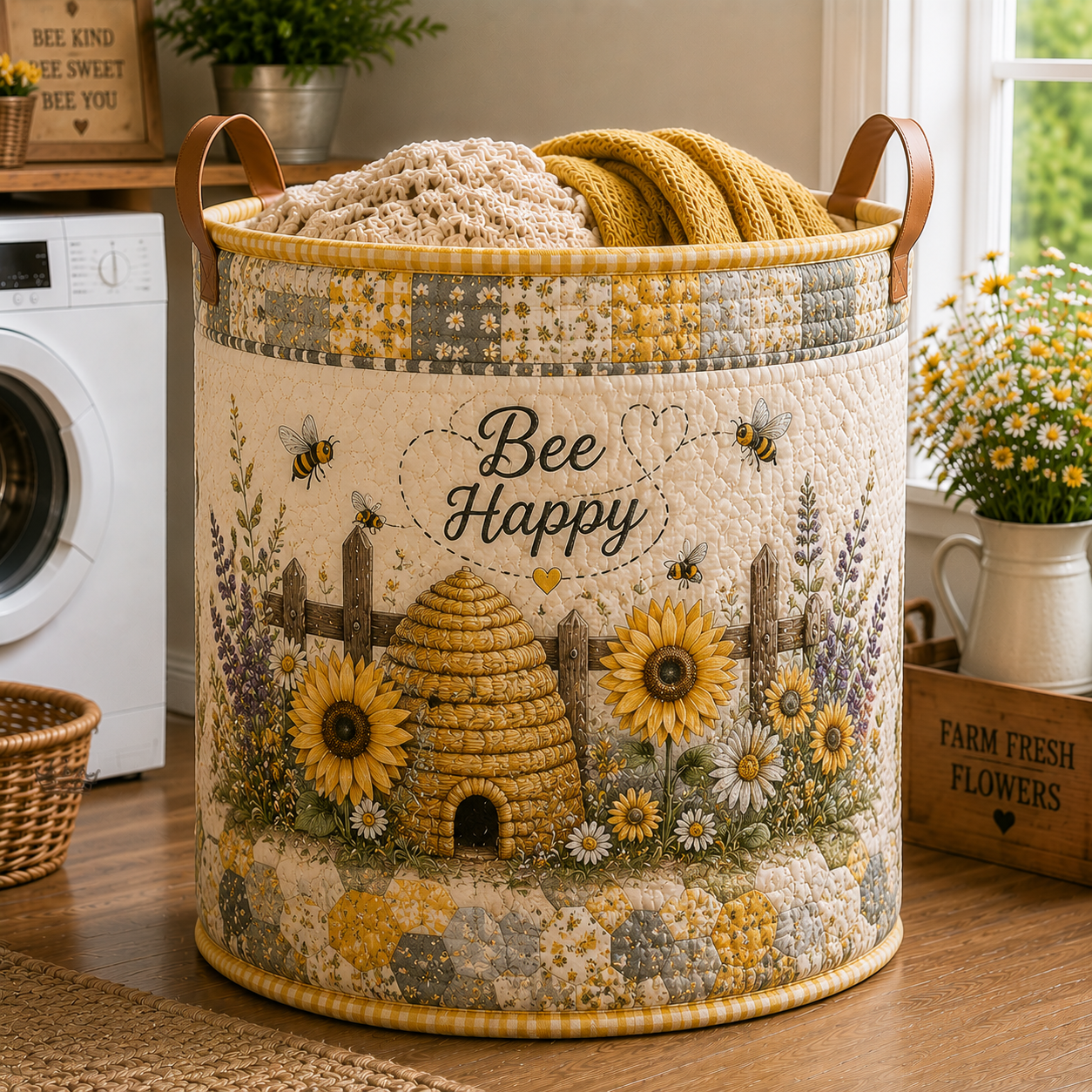 Bee Happy Sunflower Quilted Laundry Basket