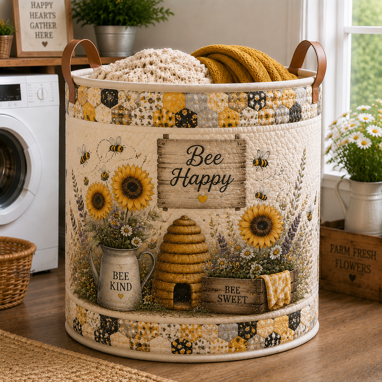 Farm Bee Sunflower Quilted Laundry Basket