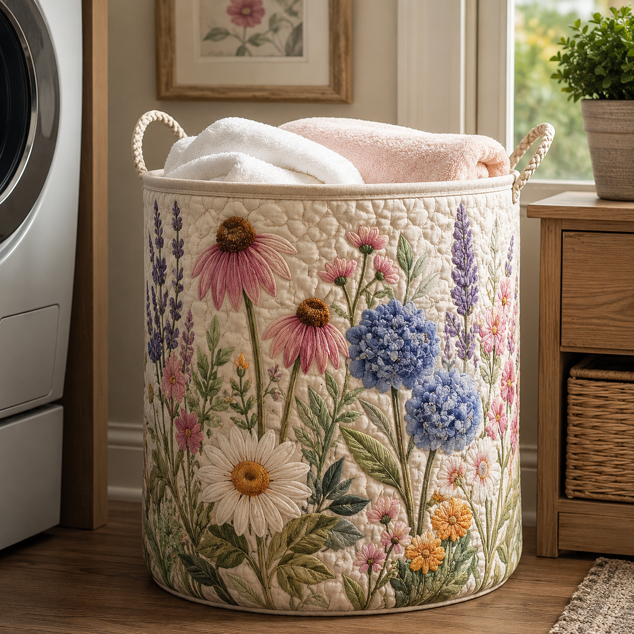 Wildflower Coneflower Hydrangea Farmhouse Quilted Laundry Basket