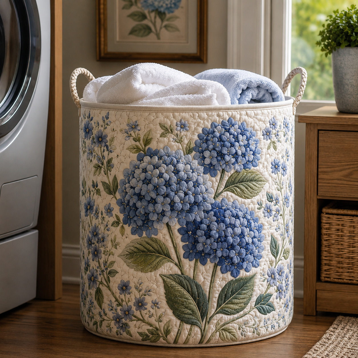Soft Blue Hydrangea Farmhouse Quilted Laundry Basket