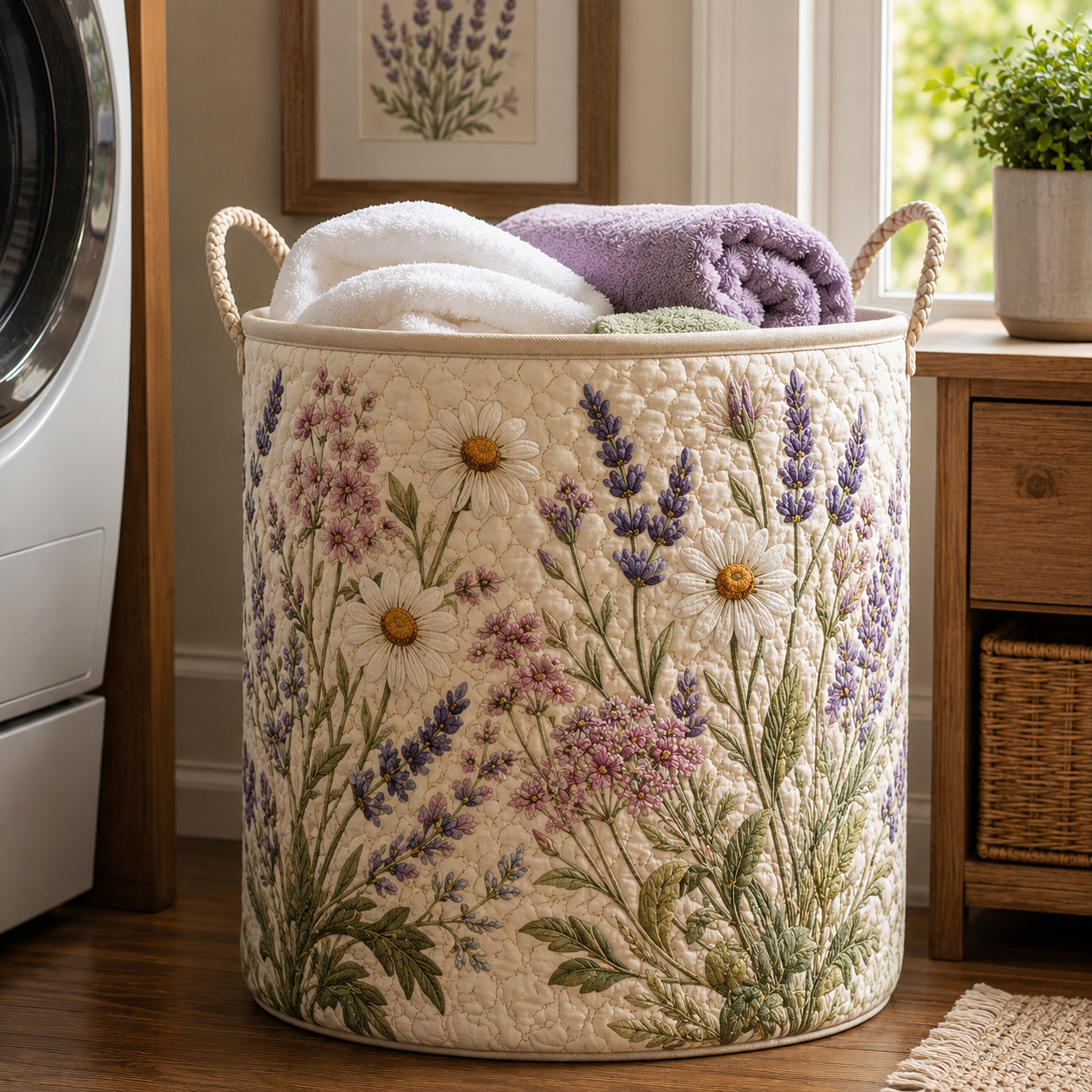 Lavender Daisy Meadow Farmhouse Quilted Laundry Basket