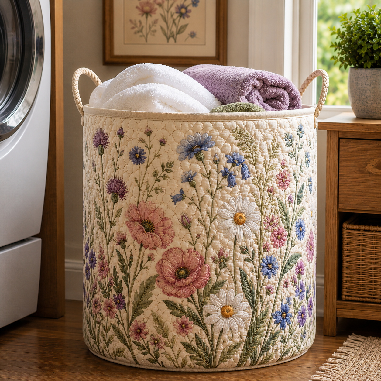 Poppy Cornflower Wildflower Farmhouse Quilted Laundry Basket