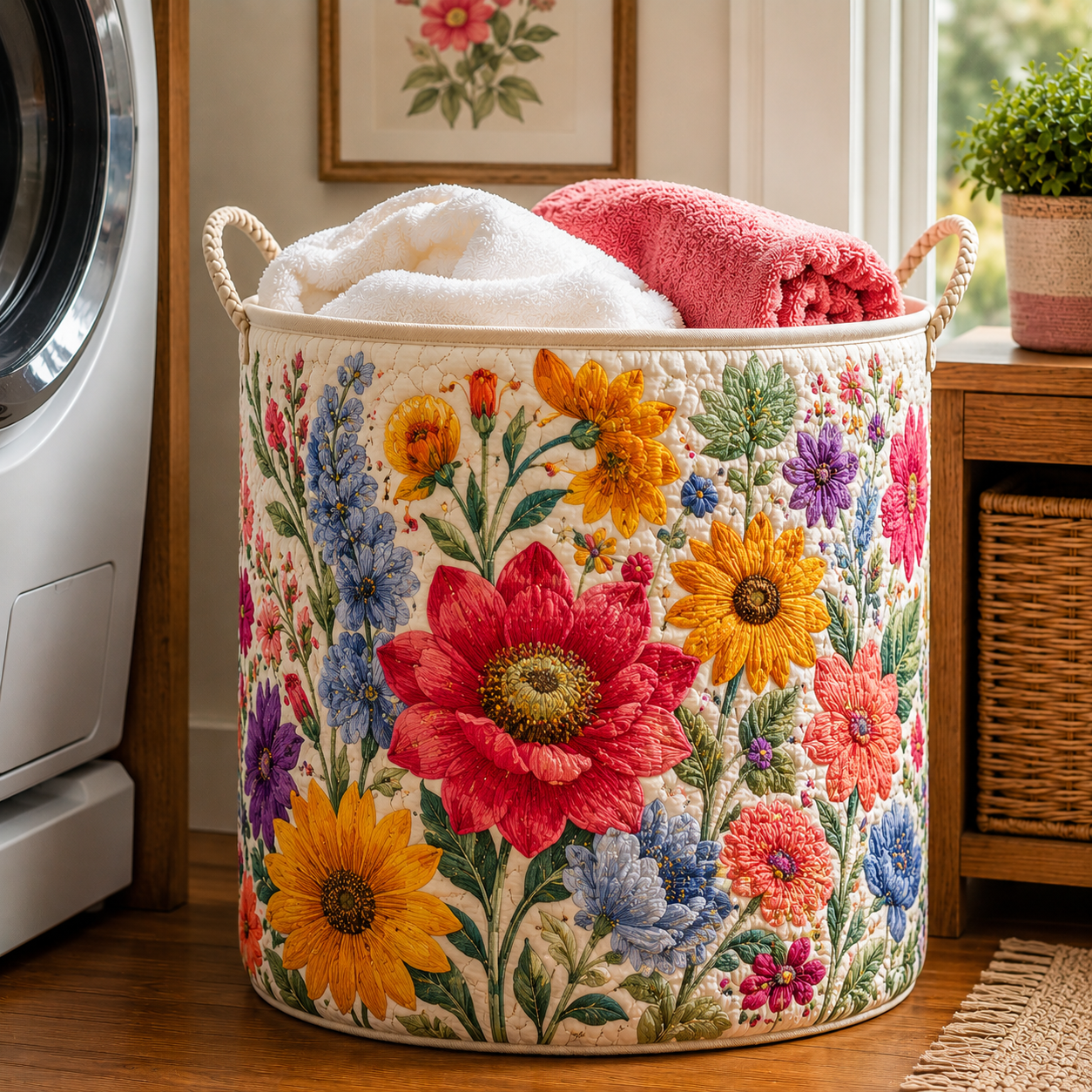 Vibrant Sunflower Poppy Garden Farmhouse Quilted Laundry Basket
