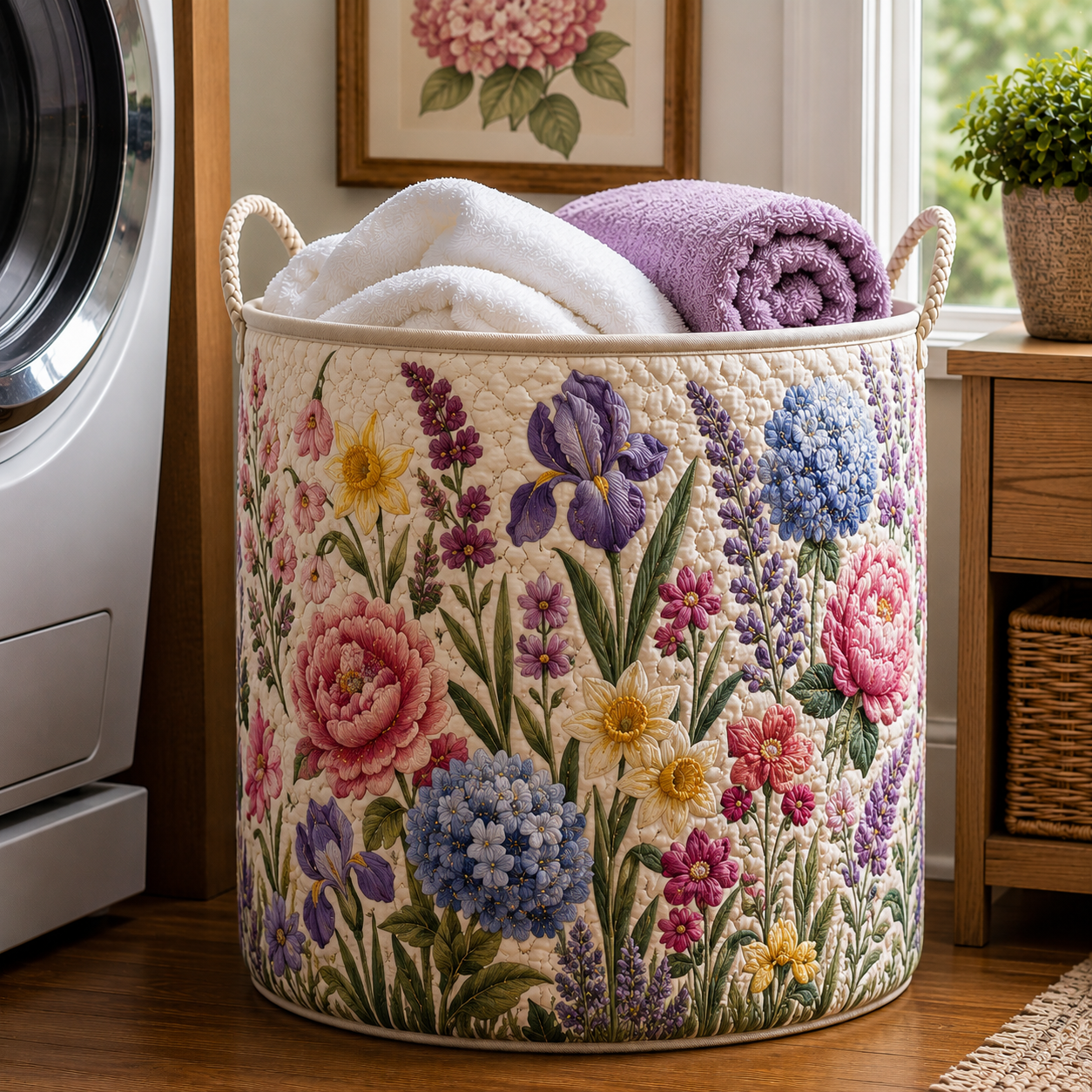 Peony Iris Hydrangea Floral Farmhouse Quilted Laundry Basket