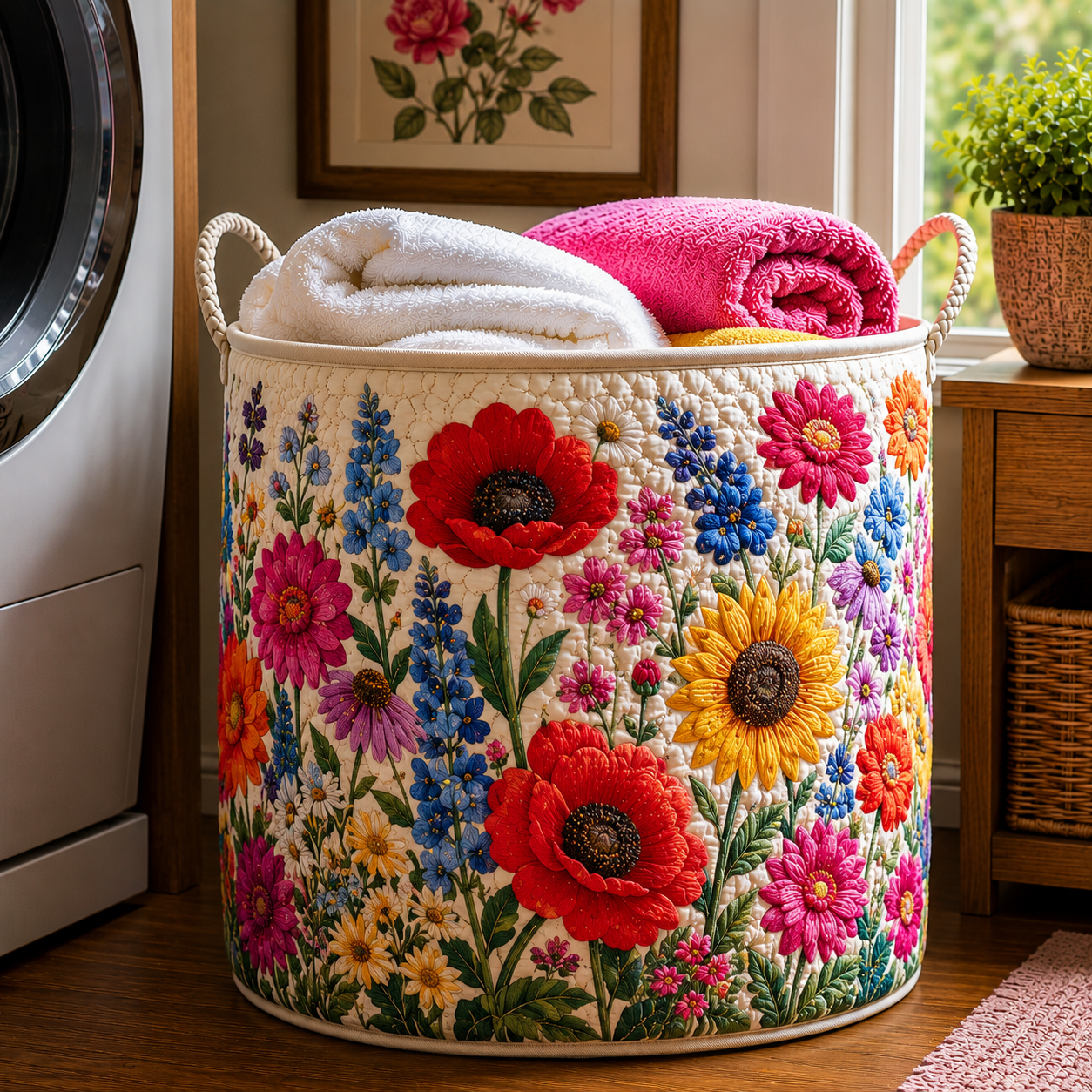 Red Poppy Sunflower Wildbloom Farmhouse Quilted Laundry Basket