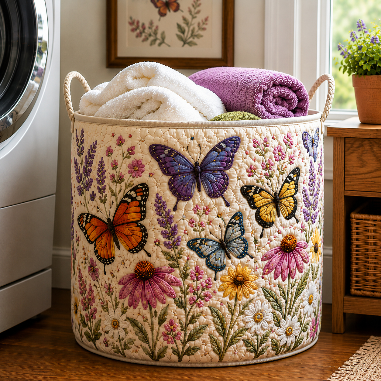 Butterfly Lavender Daisy Farmhouse Quilted Laundry Basket