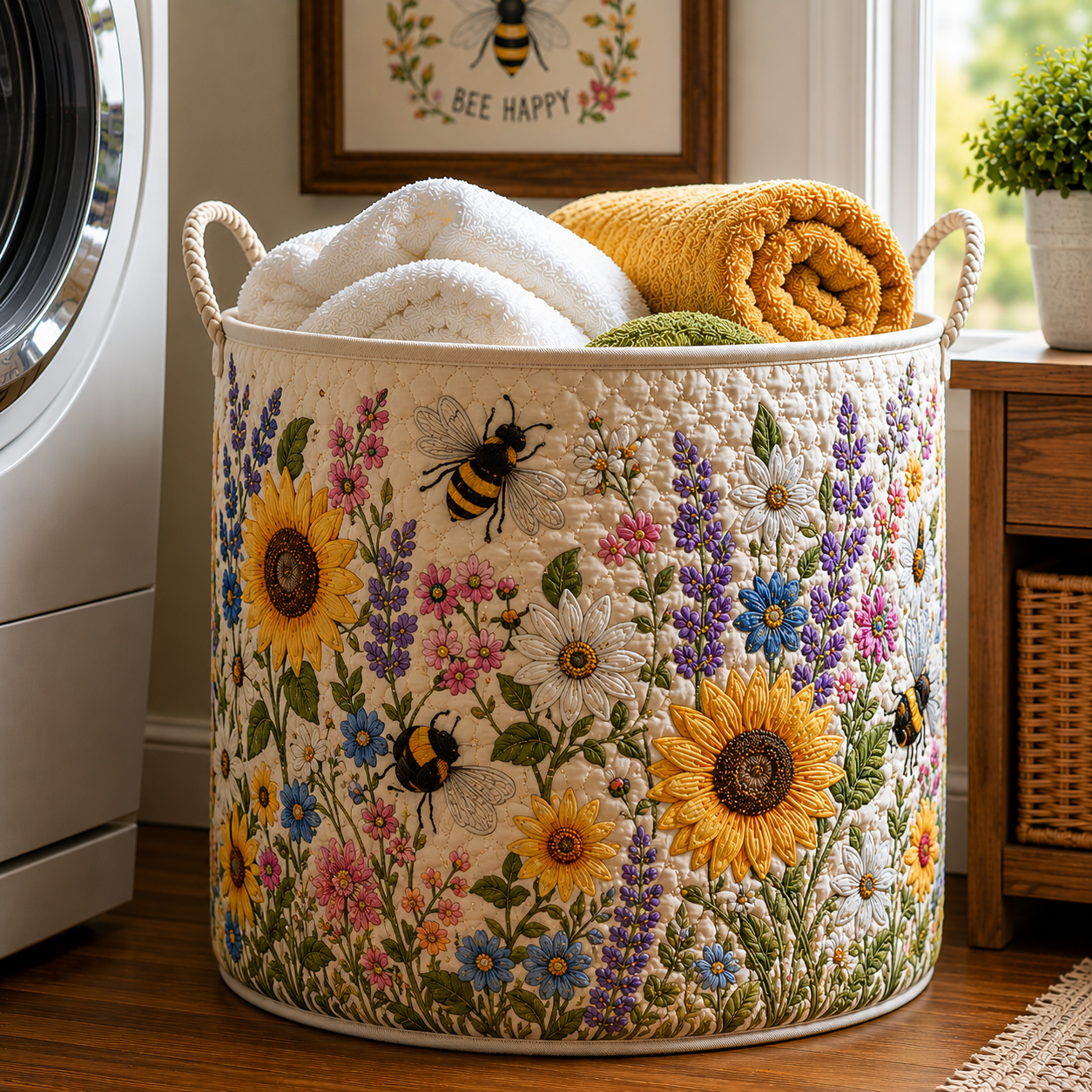 Bumblebee Sunflower Meadow Farmhouse Quilted Laundry Basket